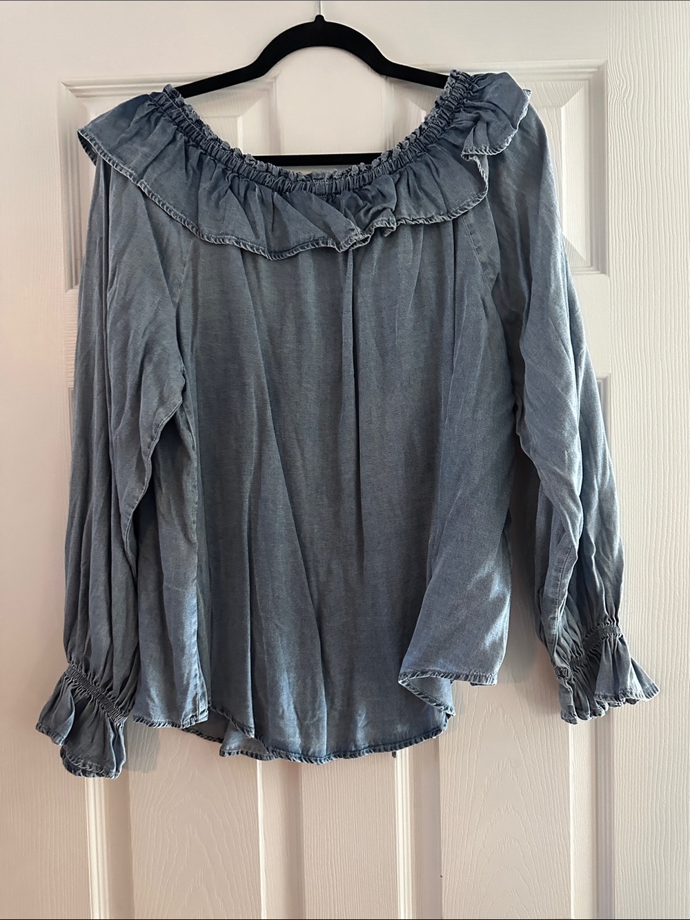 Washed Blue Ruffle-Trim Peasant Blouse - Picture 6 of 6